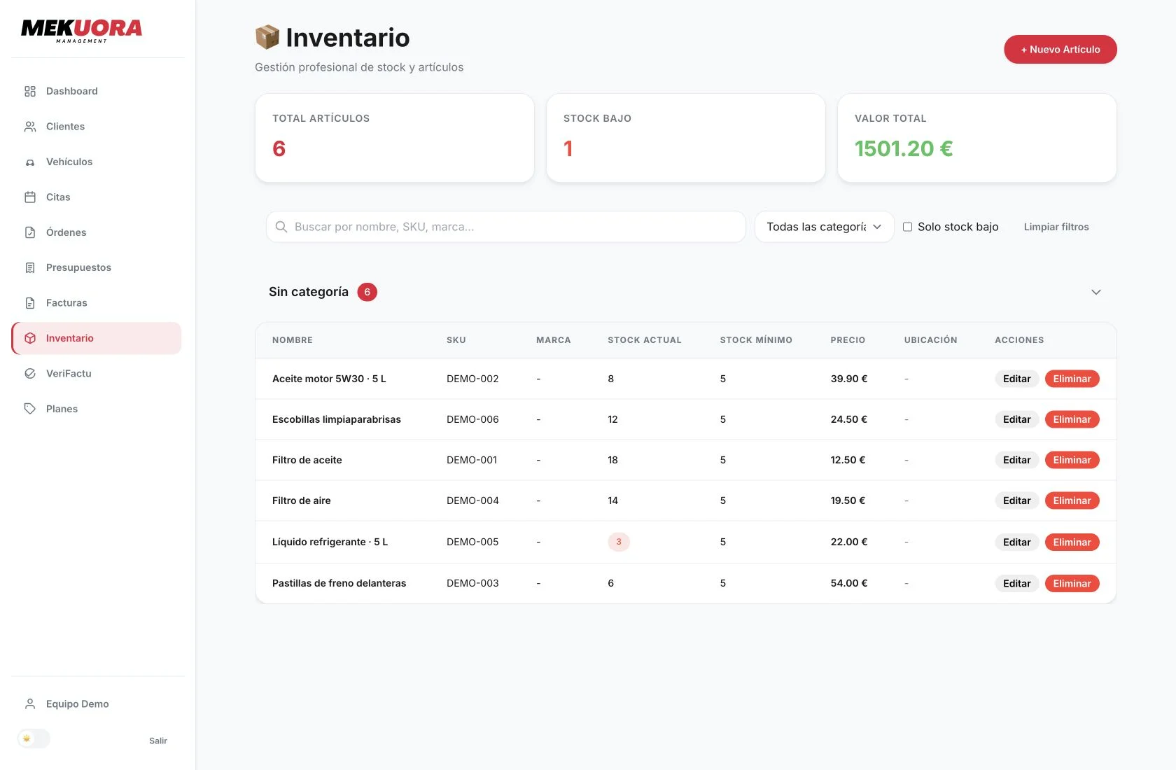 Inventario y existencias en la aplicación real Mekuora, con datos ficticios de demostración