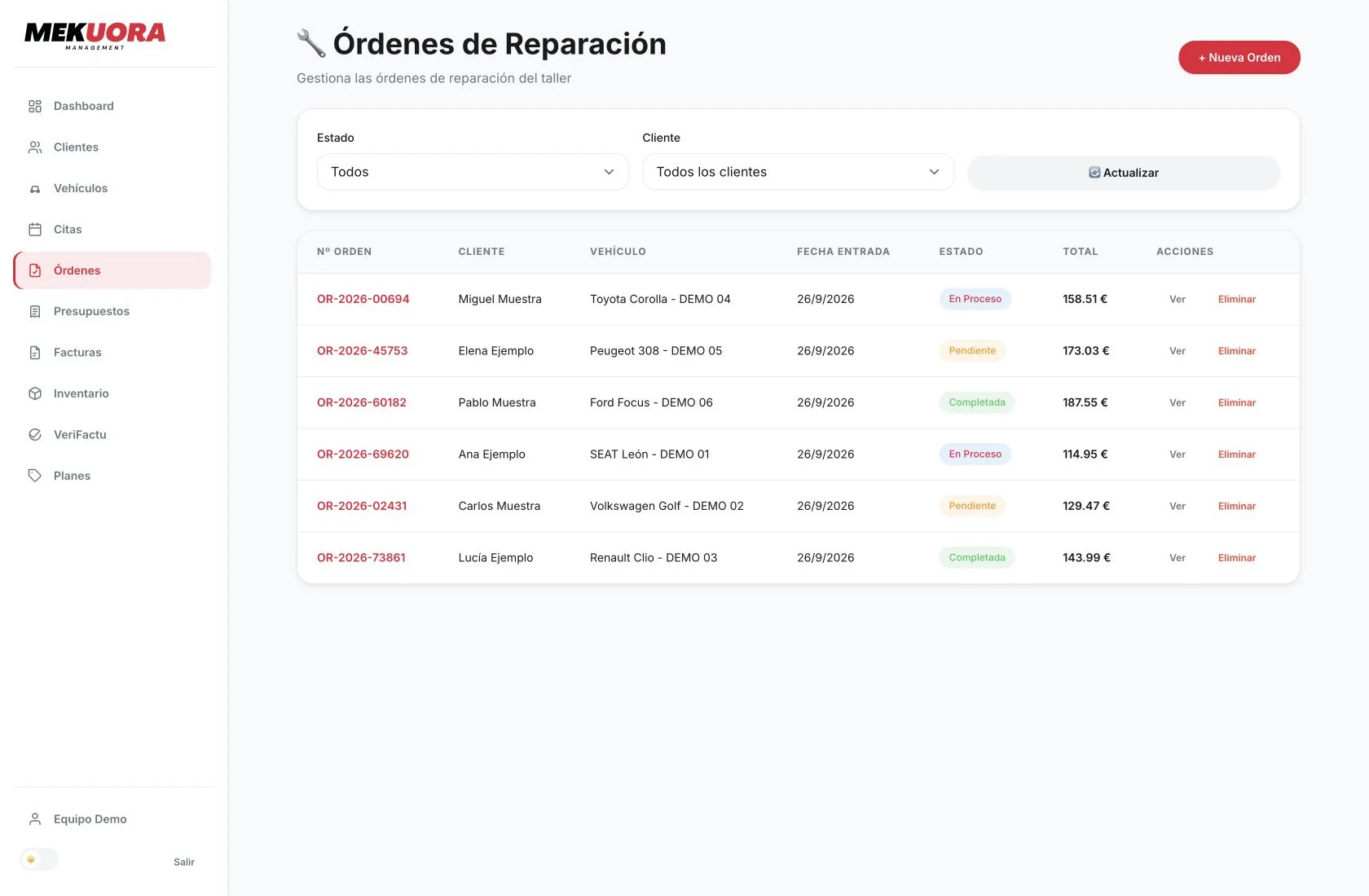 Órdenes de reparación en la aplicación real Mekuora, con datos ficticios de demostración